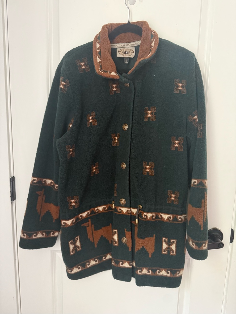 Vintage County Clothing Co Dark Green & Brown Llama Print Fleece Jacket